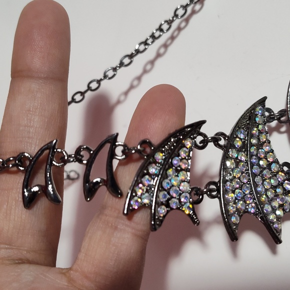 Necklace Skeleton with Bat Wings Halloween Rhinestone Bling Costume Gothic Punk - Picture 8 of 15